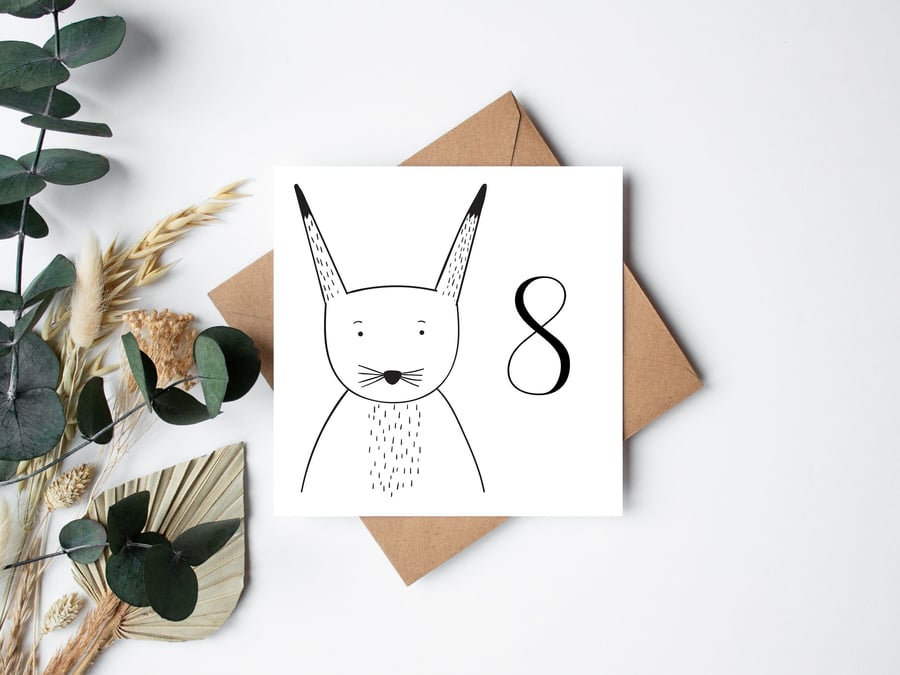 PERSONALISED woodland Bunny Rabbit black and white birthday card, art print A4 A