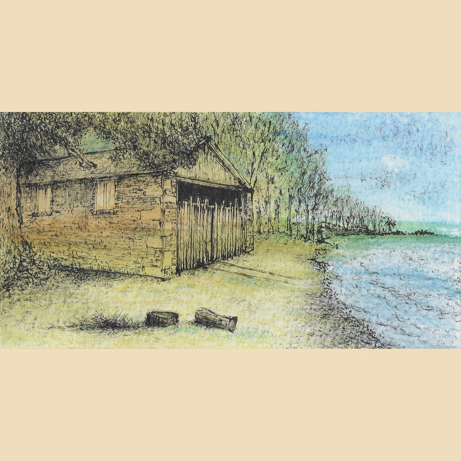 Boat House framed drawing of Lake District in pen and watercolour