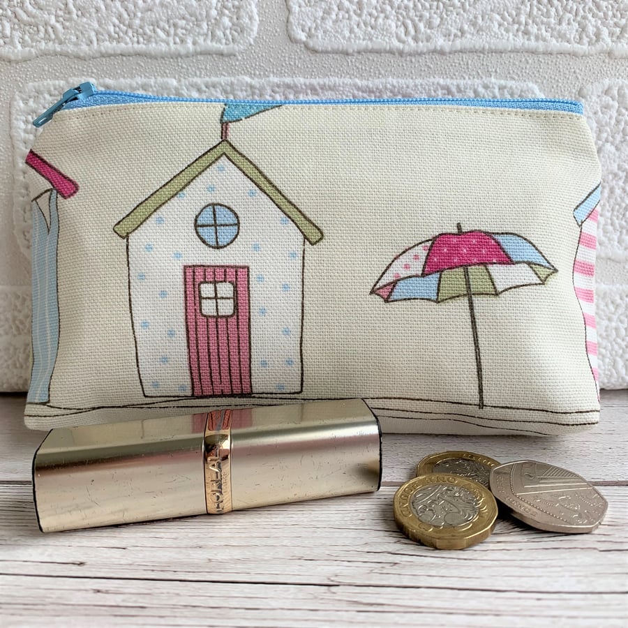 Large purse, coin purse with pastel polka dot beach hut and patterened parasol