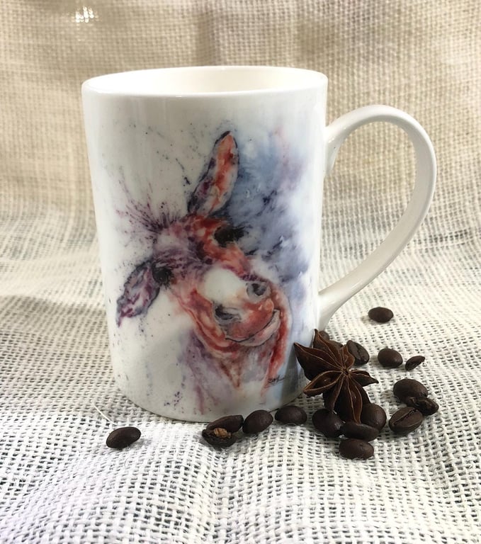 Wonky Donkey Watercolour Bone China Mug, 10 oz cup with Donkey painting