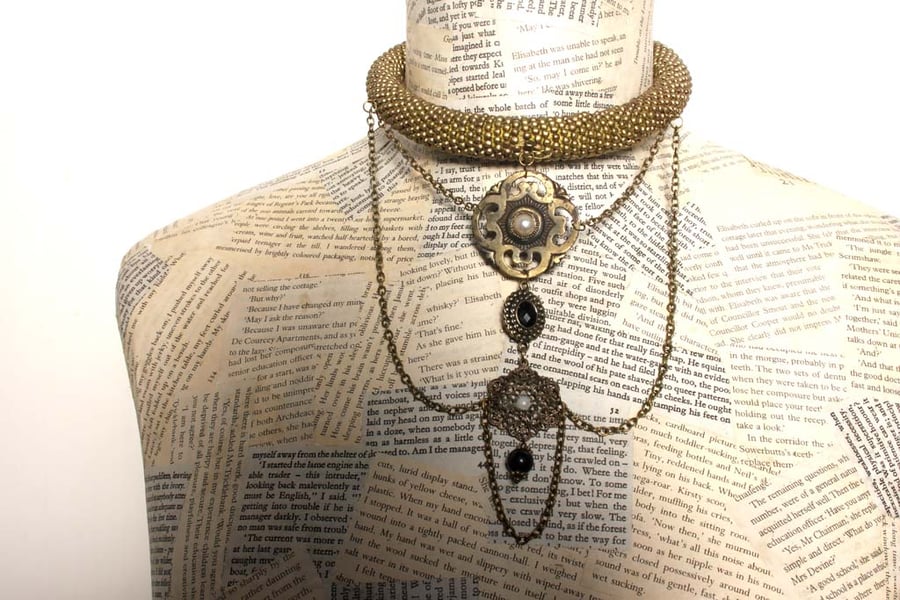 Vintage Steampunk Statement Charm Antique Gold Beaded Choker Necklace