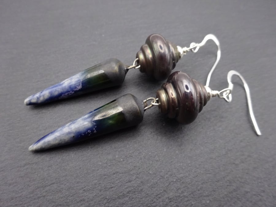 grey and blue lampwork glass and ceramic earrings
