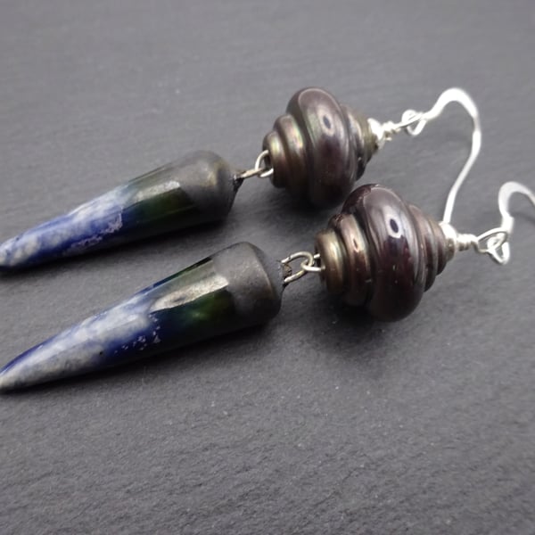 grey and blue lampwork glass and ceramic earrings