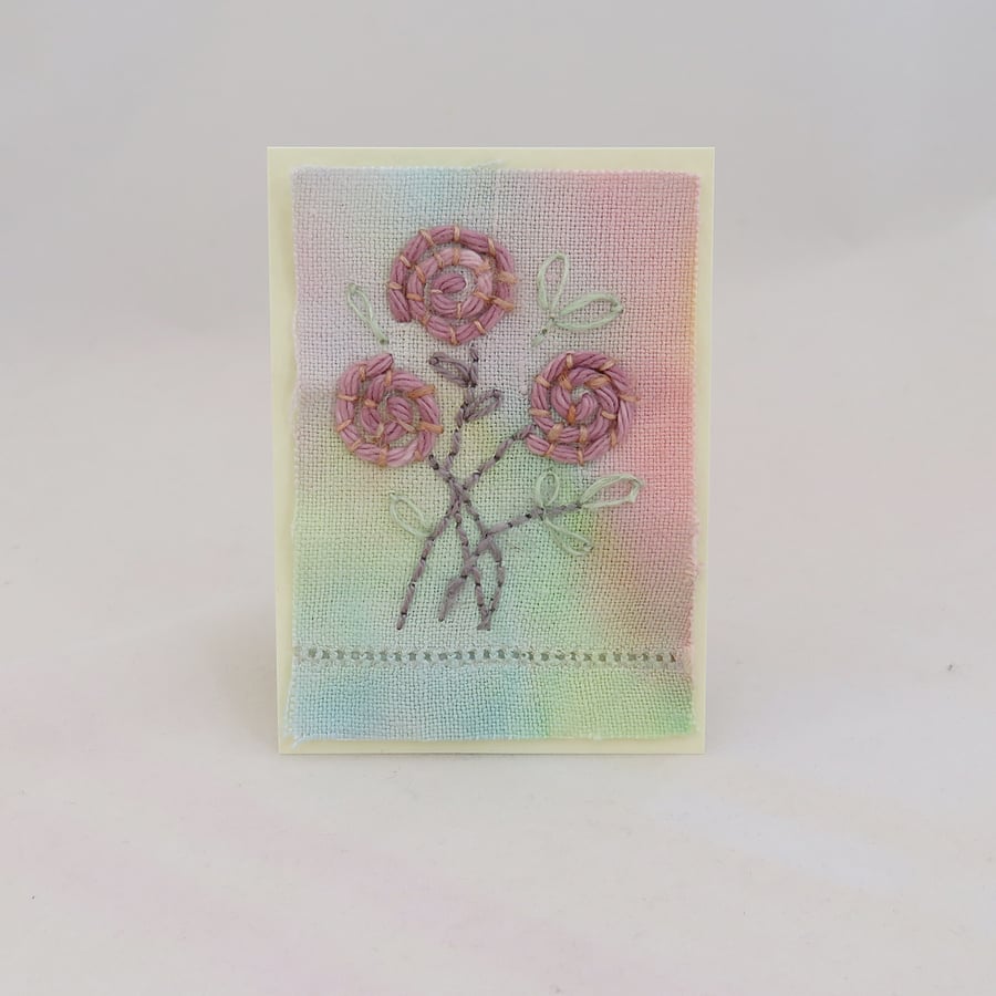 SALE Roses ACEO hand embroidered on hand dyed vintage linen