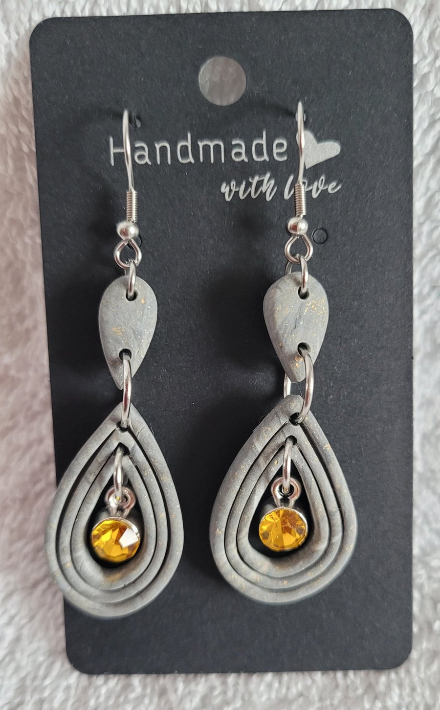 Image of Handmade Polymer Clay Grey Teardrop Earrings, 316 Surgical Stainless Steel