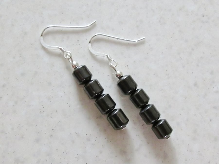 Simple Hematite Drum Tube Beaded Earrings With Sterling Silver