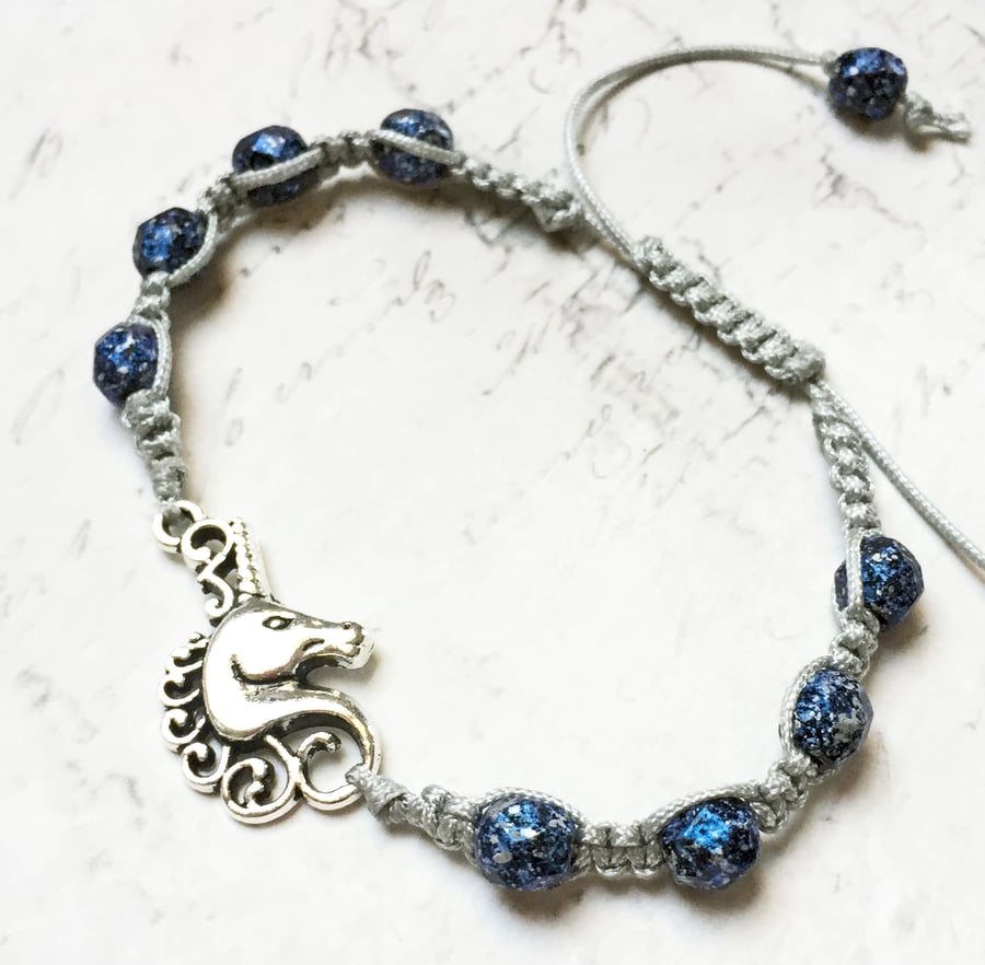 Unicorn charm silver and blue faceted bead macrame bracelet adjustable
