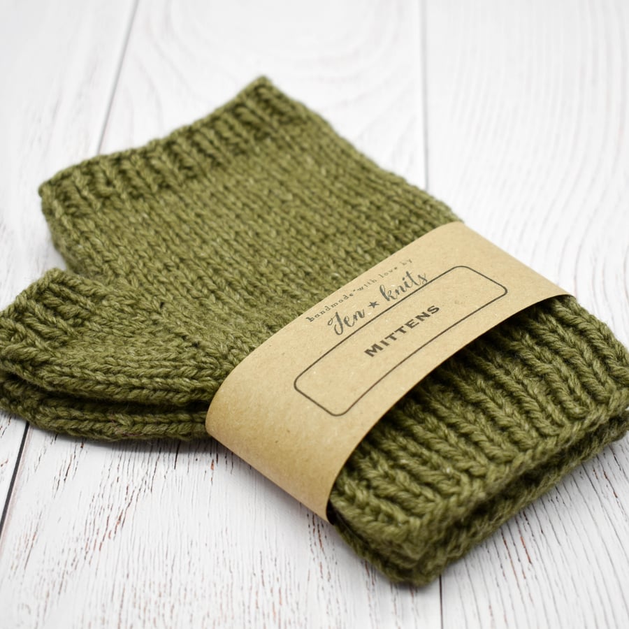 SOLD - Hand Knitted Fingerless mittens - Khaki Green - Small