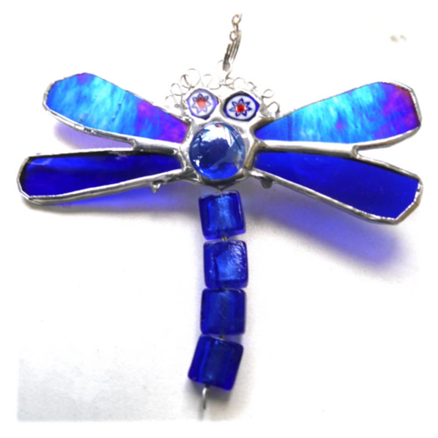 SOLD Dragonfly Suncatcher Stained Glass Blue Bead-Tailed 