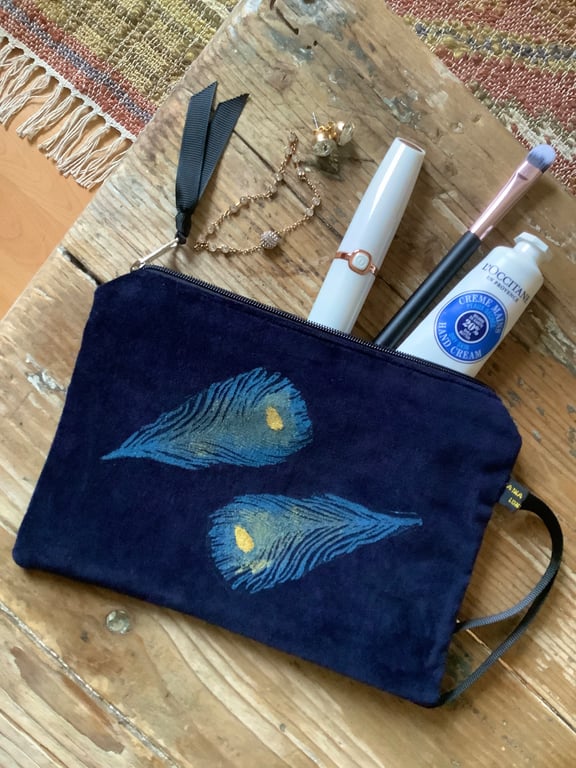 Peacock Velvet Pouch, Blue Velvet Small Makeup Bag, Hand Printed Cosmetic Pouch