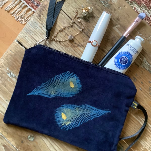 Midnight Blue Peacock Feathers Velvet Zip-Up Pouch
