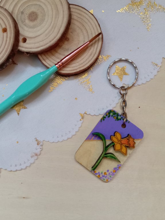 Wooden rectangular daffodil Keyring