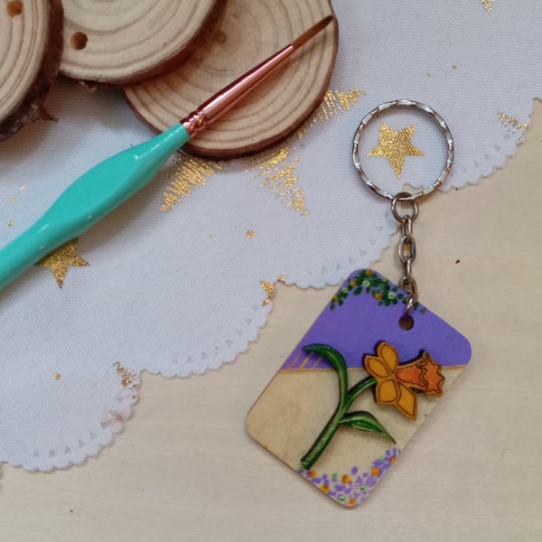 Wooden rectangular daffodil Keyring