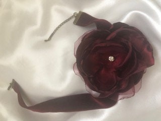 Rene Burgundy Choker on Velvet Band - Available with Antique Gold-Silver clasp