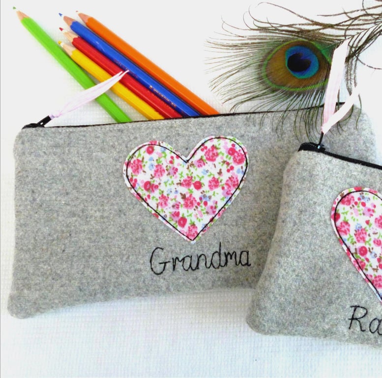 Heart Personalised Pencil Case - Custom Art Pen Pouch - Floral or Dot Love
