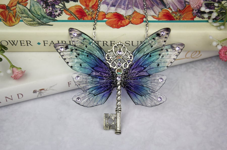 Enchanting Midnight Water Sparkle Cicada Fairy Wing Key Necklace Pendant Boho