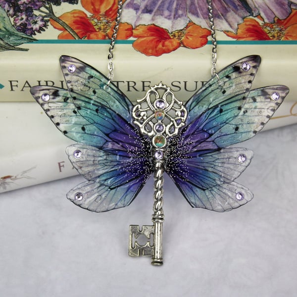 Enchanting Midnight Water Sparkle Cicada Fairy Wing Key Necklace Pendant Boho
