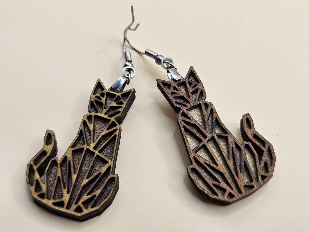 Mismatched Geometric Cat Earrings - Handmade Wooden Statement Jewellery Gift