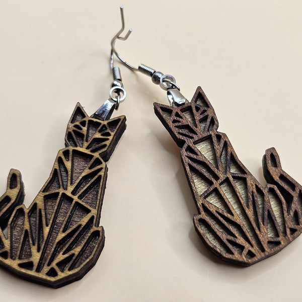 Mismatched Geometric Cat Earrings - Handmade Wooden Statement Jewellery Gift