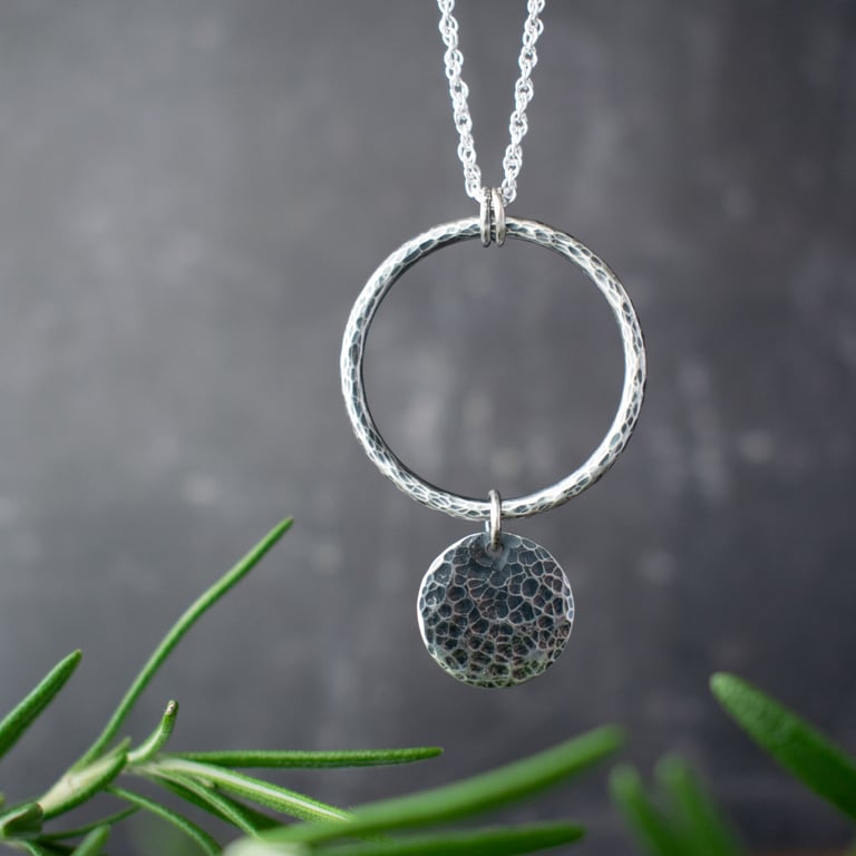 Silver Circle Necklace, Rustic Hammered Oxidised Silver Pendant