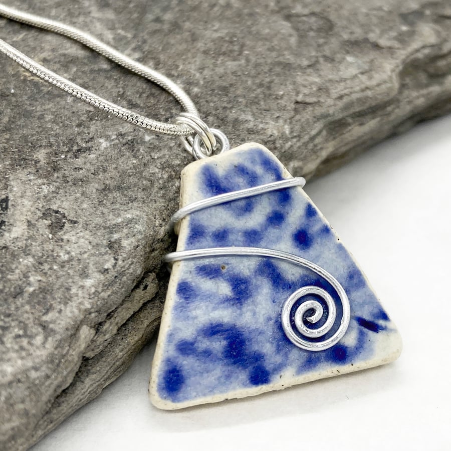 Antique Sea Pottery Pendant Necklace - Blue Beach China. Wire Wrapped Jewellery