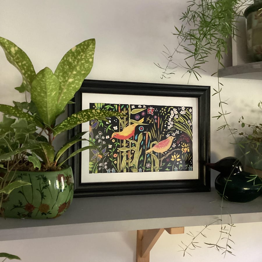 Colourful birds print, original art print, flowers, nature, boho wall art 