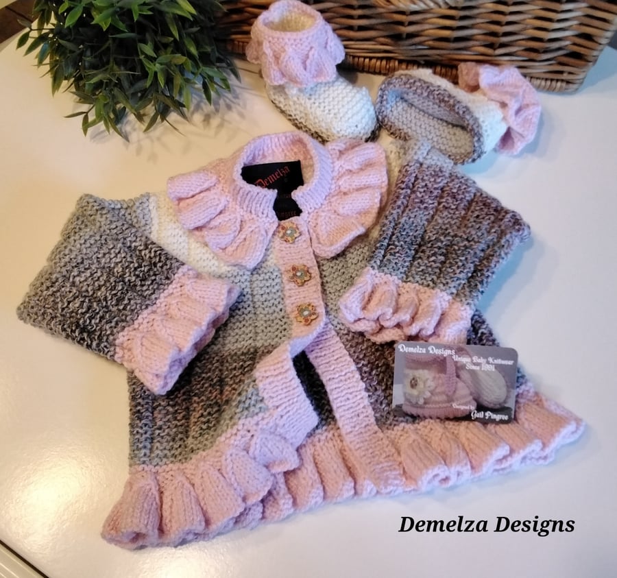 Baby Girl's Hand Knitted Designer Jacket & Booties Set  9 - 18 months size