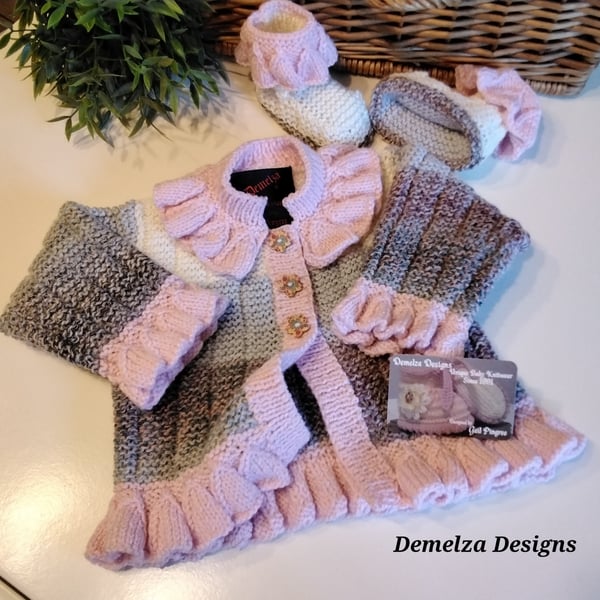 Baby Girl's Hand Knitted Designer Jacket & Booties Set  9 - 18 months size