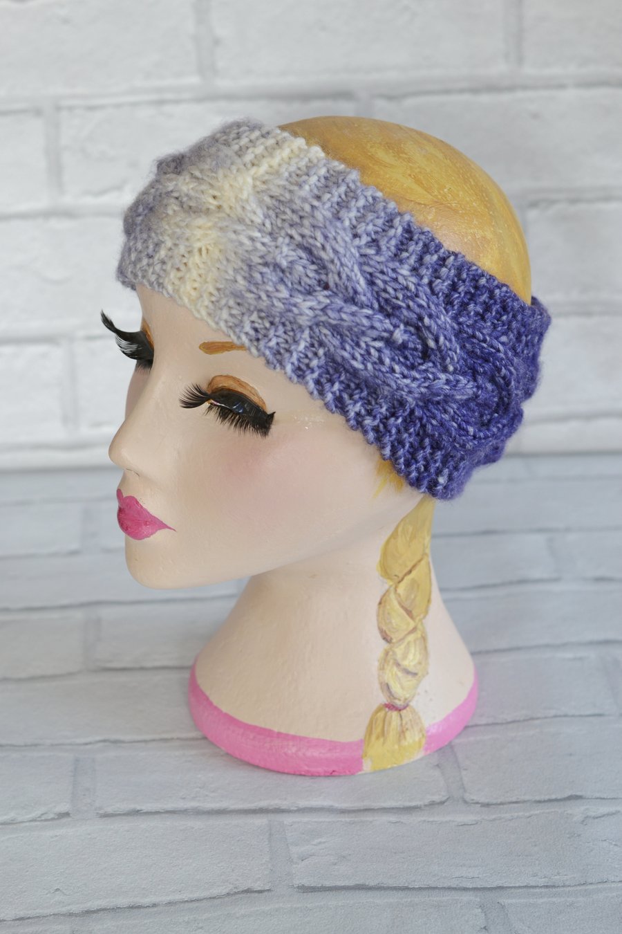 Lilac, Purple and Cream Chunky Knitted Cable Headband Earwarmer