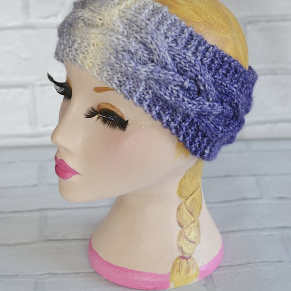 Lilac, Purple and Cream Chunky Knitted Cable Headband Earwarmer