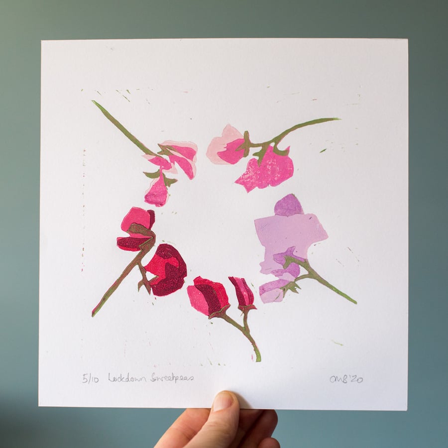 Lockdown Sweet Peas - Original lino print (unframed)