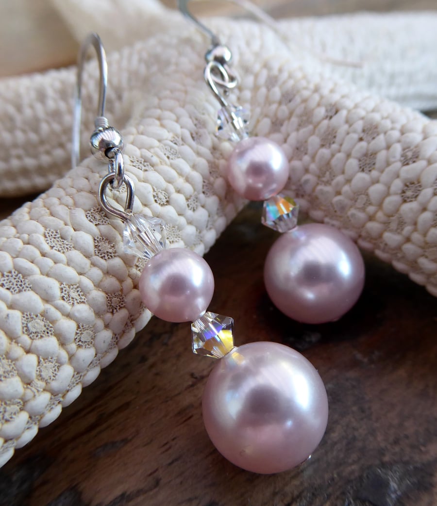 J0481 - Sterling Silver Pink Swarovski Pearls & Crystal Bicone Earrings