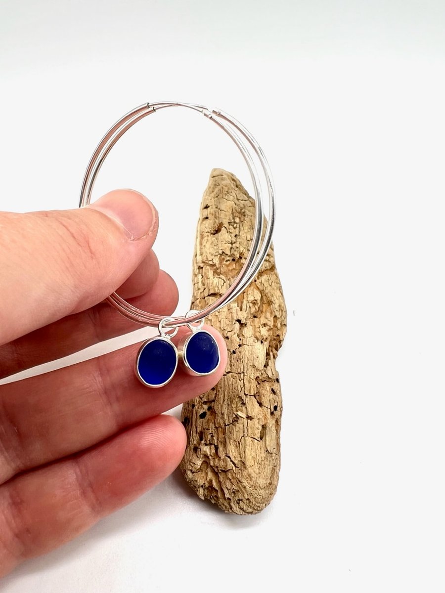 Blue Sea Glass Statement Hoop Earrings