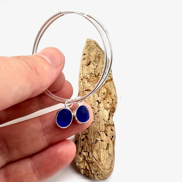 Blue Sea Glass Statement Hoop Earrings