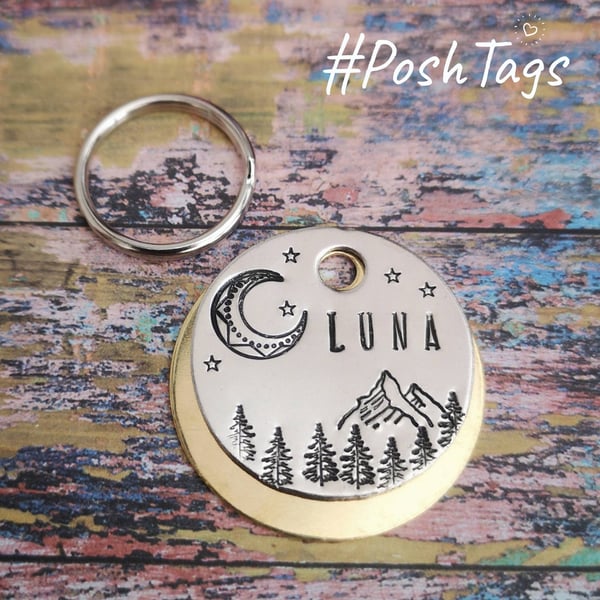Moon, mountains & trees - landscape dog tag night star sky stars - with or witho