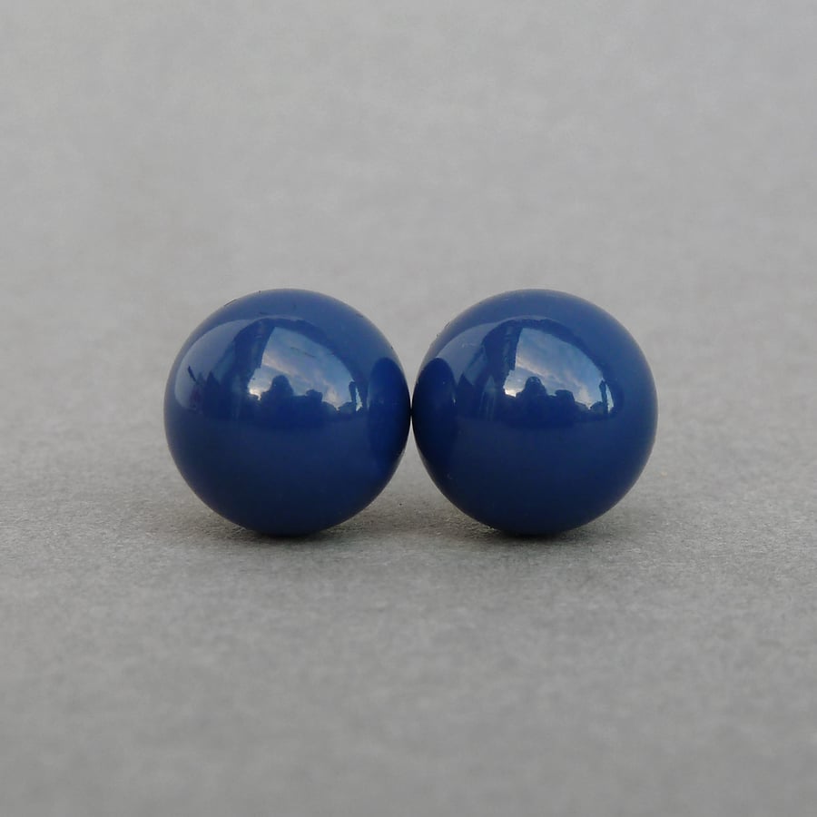 Chunky 12mm Dark Blue Pearl Stud Earrings - Large Round Royal Blue Studs - Gifts