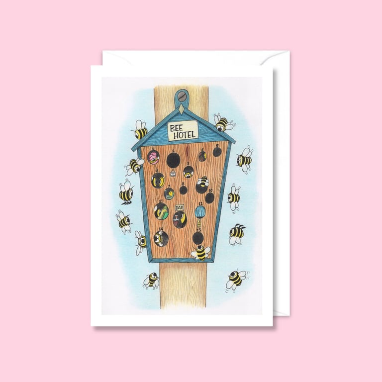 Bee Hotel Greeting Card: Hand Drawn Busy Bee Illustration (215)