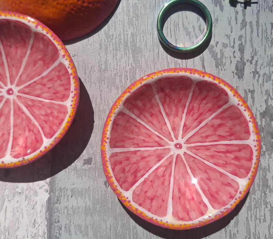 Pink grapefruit mini trinket dish, Citrus fruit ring dish, Handmade