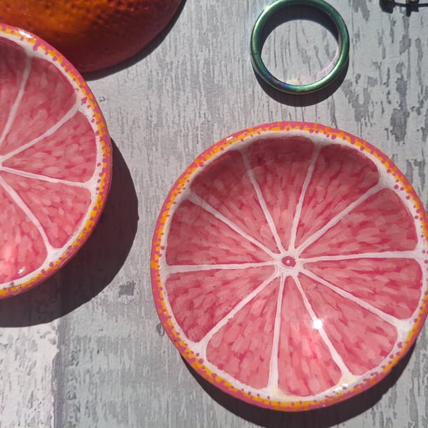 Pink grapefruit mini trinket dish, Citrus fruit ring dish, Handmade
