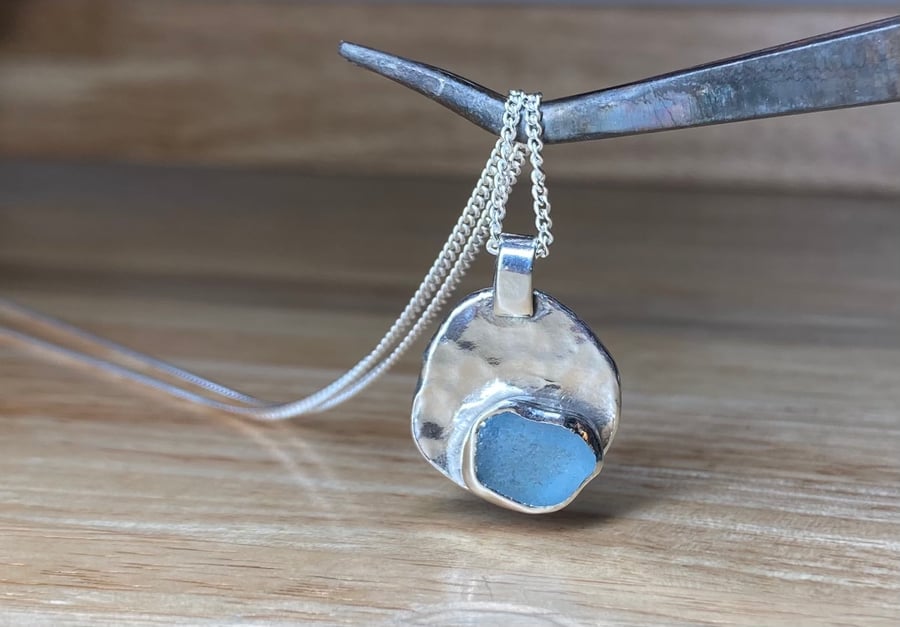 Handmade Sterling Silver Pendant & Ice Blue Welsh Sea Glass & Silver Chain