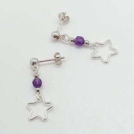 Amethyst star stud drop earrings sterling silver