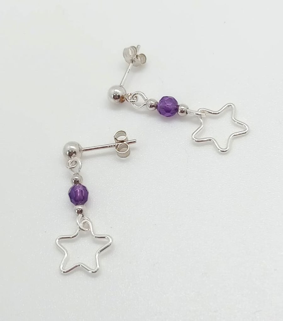 Amethyst star stud drop earrings sterling silver