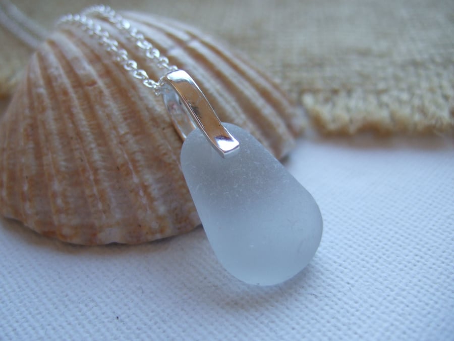 Scottish grey sea glass pendant, drop shaped pendant, sterling silver and gray