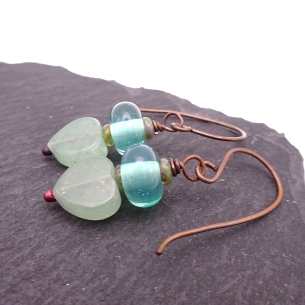 green lampwork glass earrings, copper heart jewellery