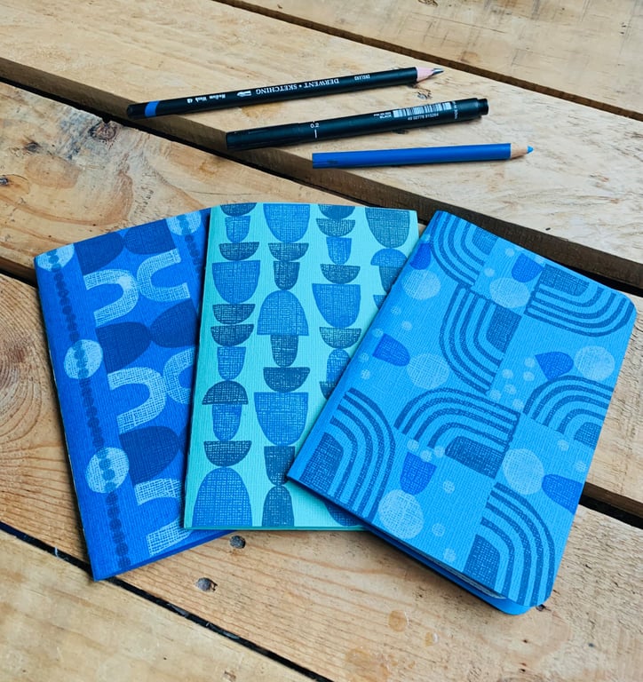 Set of 3 Hand Bound and Hand-printed Journals. Blues and Green.