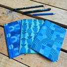Set of 3 Hand Bound and Hand-printed Journals. Blues and Green.