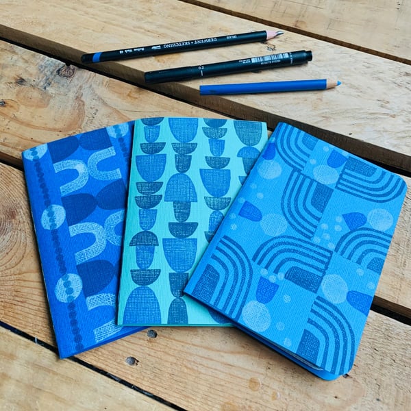 Set of 3 Hand Bound and Hand-printed Journals. Blues and Green.