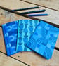 Set of 3 Hand Bound and Hand-printed Journals. Blues and Green.