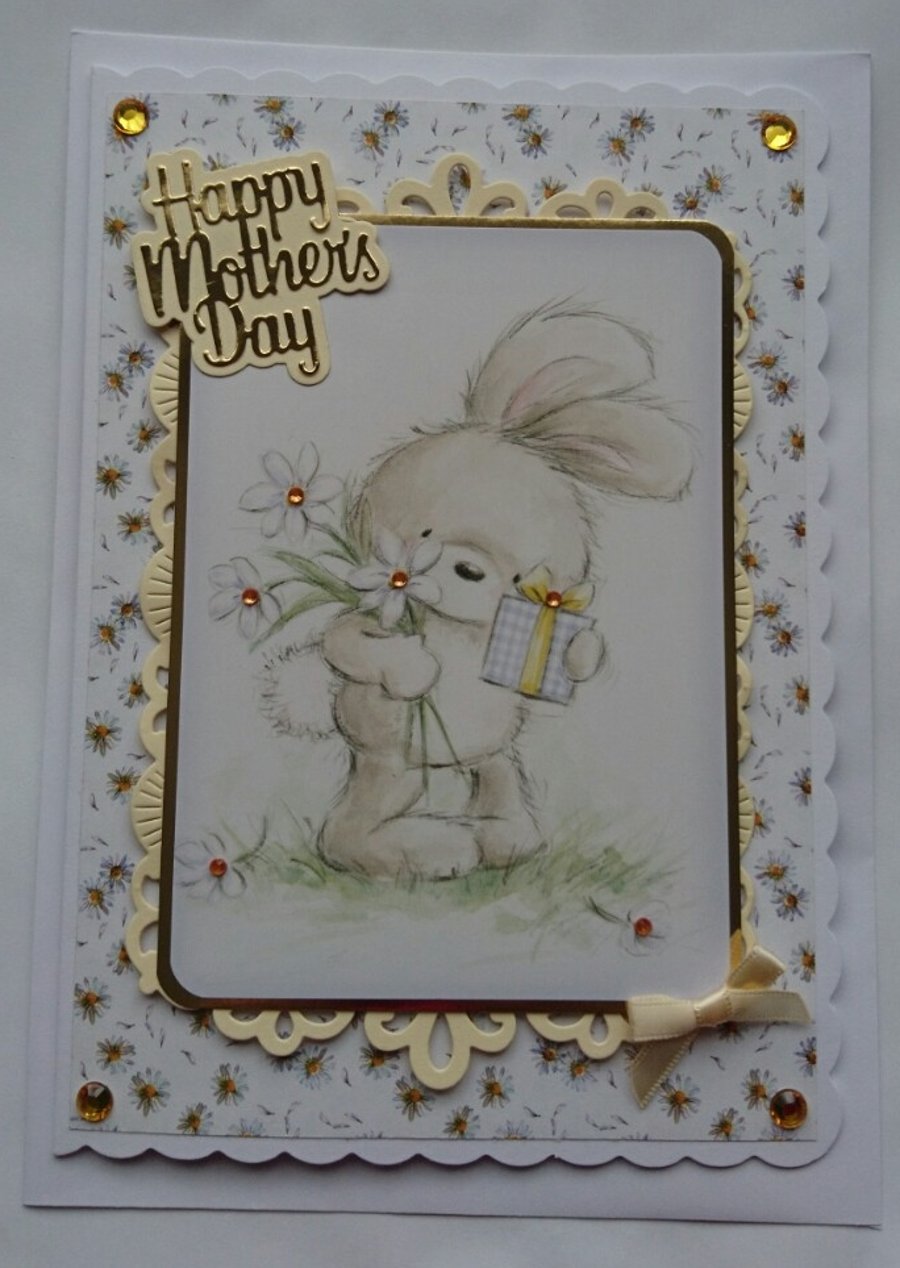 Happy Mother's Day Card Cute Bunny Rabbit with Daisies 3D Luxury Handmade Card