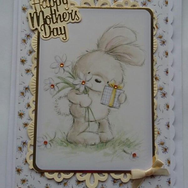 Happy Mother's Day Card Cute Bunny Rabbit with Daisies 3D Luxury Handmade Card